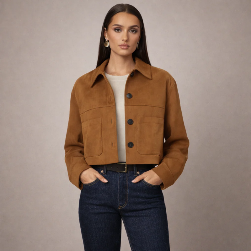 Women's camel suede jacket front view — outerwear — Marissa Suede Crop Jacket — Oscar Blackwood