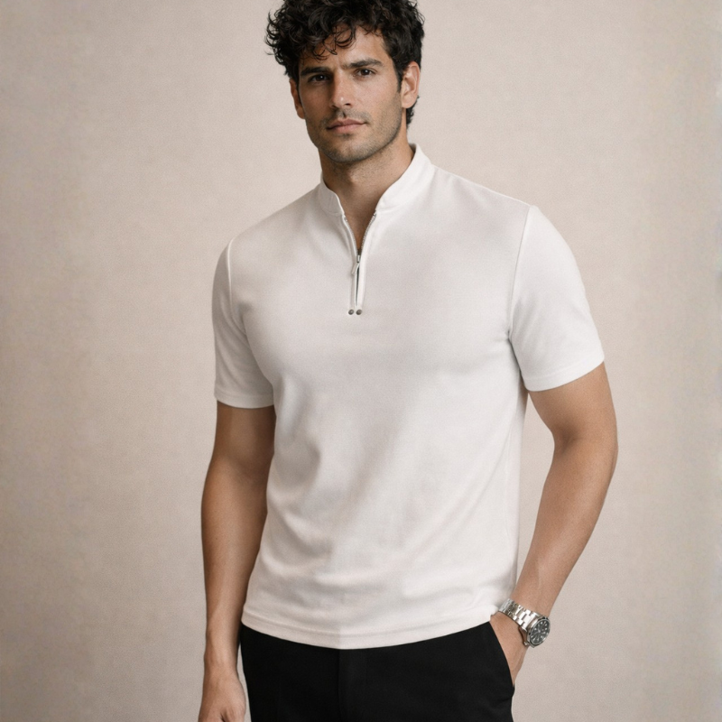 Men's white cotton noah back view — versatile — Noah Stand Collar T-Shirt — Oscar Blackwood