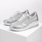 Women's silver lace sneakers front view — casual — Bailey Wedge Heel Sneakers — Oscar Blackwood