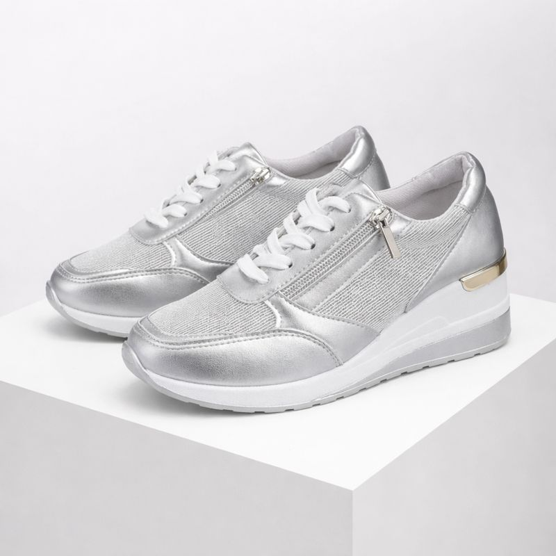 Women's silver lace sneakers front view — casual — Bailey Wedge Heel Sneakers — Oscar Blackwood