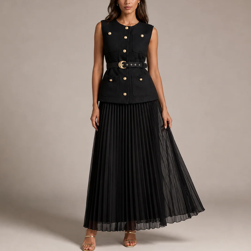 Women's black chiffon dress back view — chic — Cosette 2 Piece Set — Oscar Blackwood