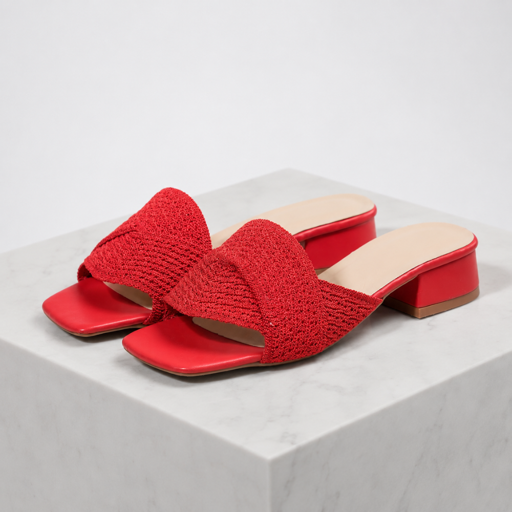 Women's red woven sandals alternate angle — summer — Iris Woven Slide Sandals — Oscar Blackwood