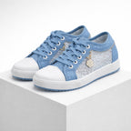 Women's blue lace sneakers side view — casual — Stacy Denim Lace Sneakers — Oscar Blackwood