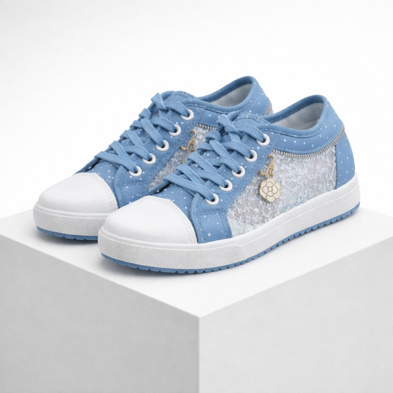 Women's blue lace sneakers side view — casual — Stacy Denim Lace Sneakers — Oscar Blackwood