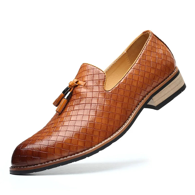Men's brown woven loafers side view — versatile — Ludo Weave Leather Loafers — Oscar Blackwood