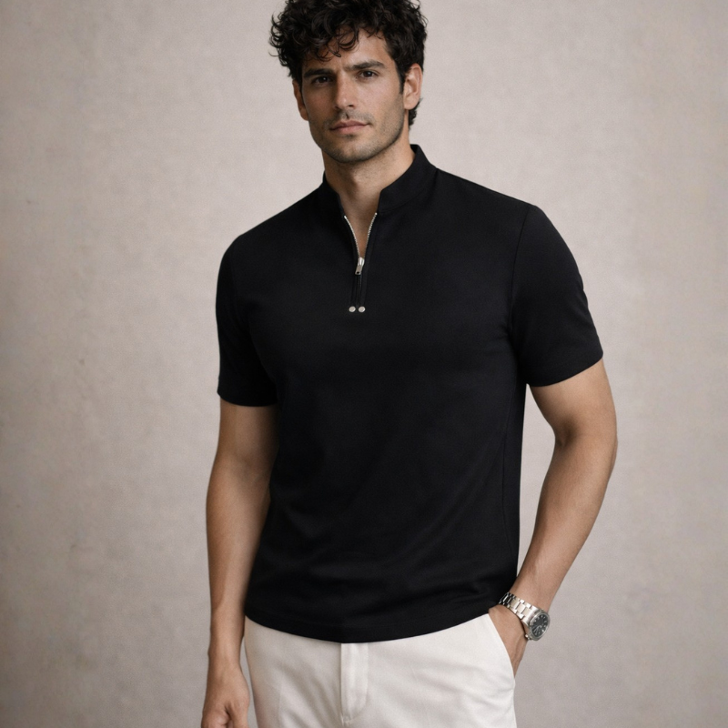 Men's black cotton noah front view — versatile — Noah Stand Collar T-Shirt — Oscar Blackwood