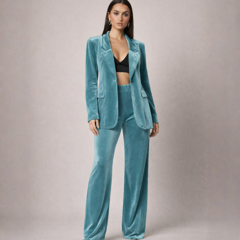 Women's turquoise-1 velvet pants styled look — versatile — Valerie Velvet 2 Piece Set — Oscar Blackwood