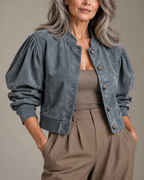 Women's gray suede jacket back view — outerwear — Vivian Suede Bomber — Oscar Blackwood