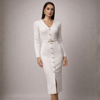Women's white knit dress back view — chic — Audrey Sweater Dress — Oscar Blackwood