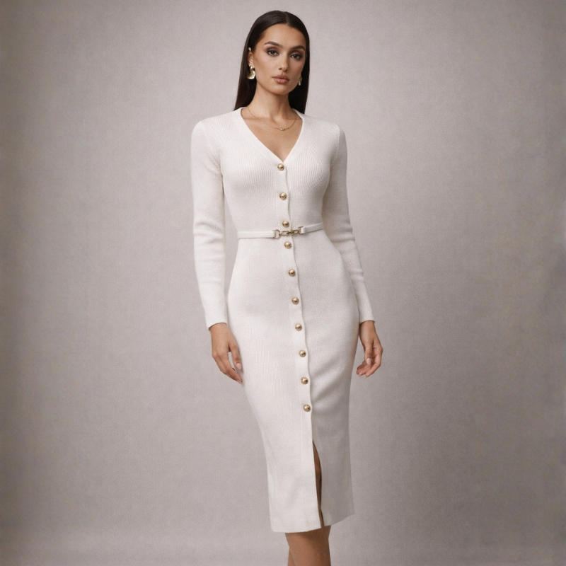 Women's white knit dress back view — chic — Audrey Sweater Dress — Oscar Blackwood