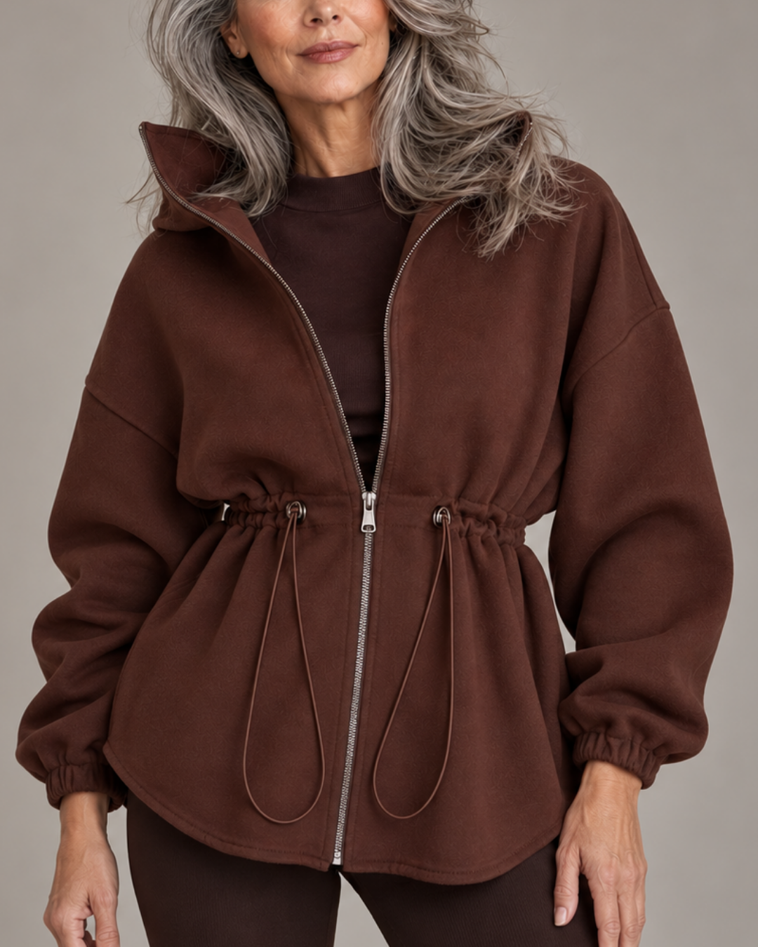 Women's brown jacket front view — outerwear — Nina Zip Sweatshirt — Oscar Blackwood