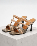 Women's beige heels detail view — elegant — Giulia Studded Heeled Mules — Oscar Blackwood
