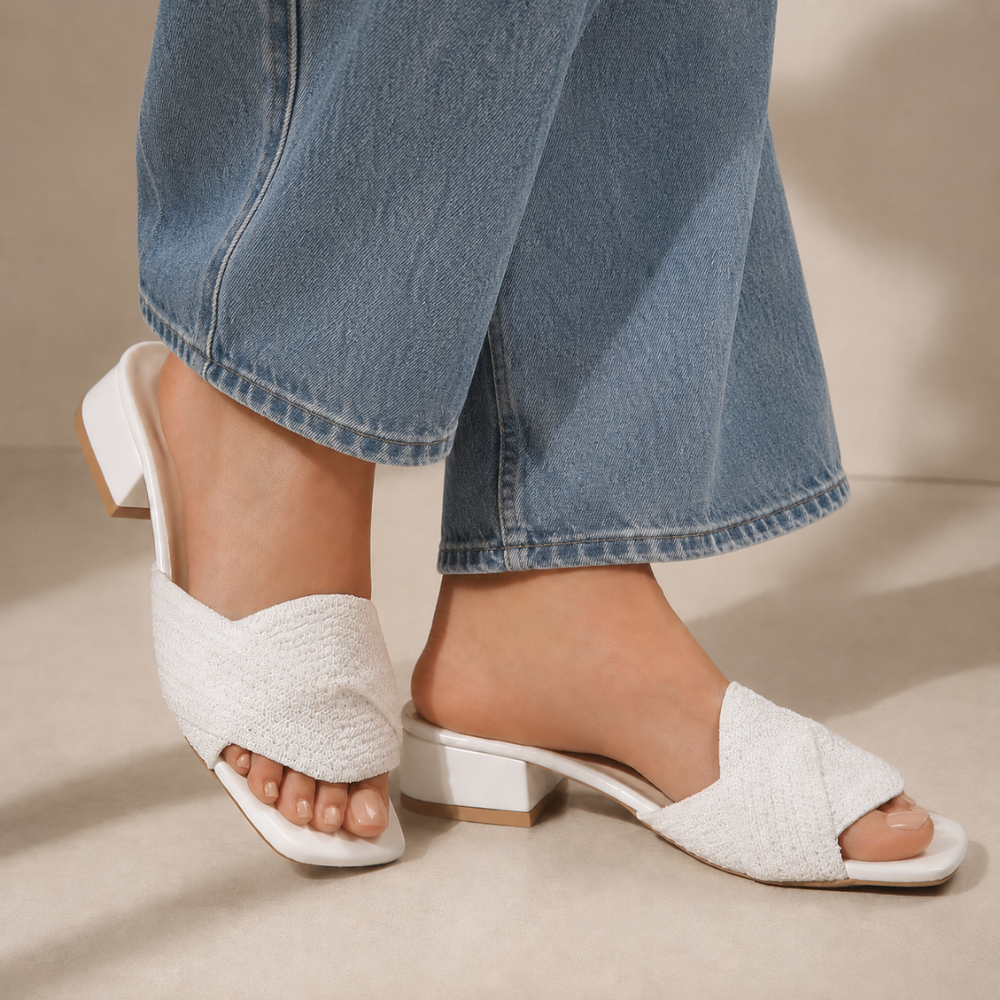 Women's woven sandals side view — summer — Iris Woven Slide Sandals — Oscar Blackwood