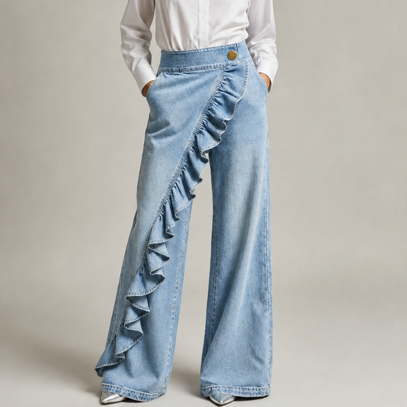 Women's light-blue denim skirt back view — chic — Lexa Denim Skirt Pants — Oscar Blackwood