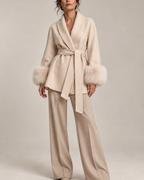 Women's beige jacket color detail — outerwear — Fiorella Faux Fur Sleeve Coat — Oscar Blackwood