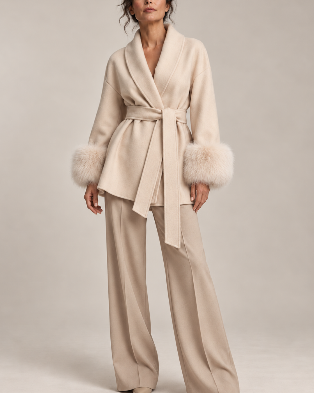 Women's beige jacket color detail — outerwear — Fiorella Faux Fur Sleeve Coat — Oscar Blackwood