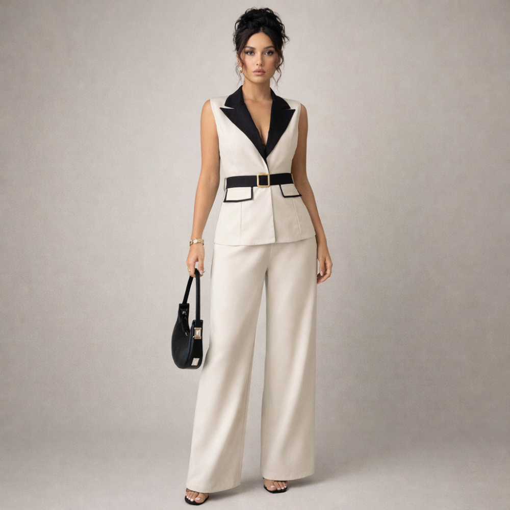 Women's white pants front view — elegant — Angela Formal 2-Piece Set — Oscar Blackwood