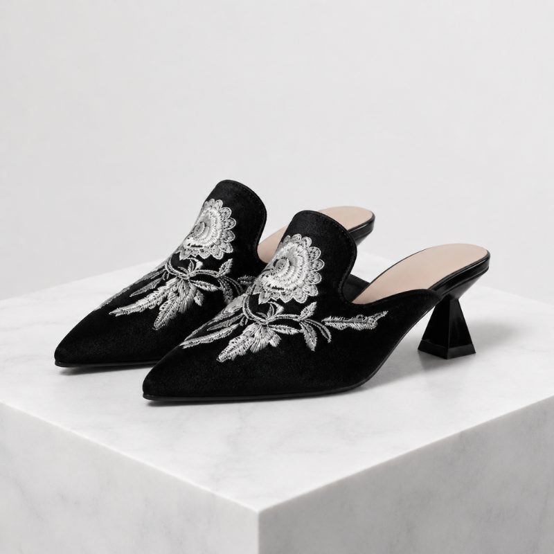 Women's red floral heels alternate angle — elegant — Harriet Embroidered Pointed Mules — Oscar Blackwood