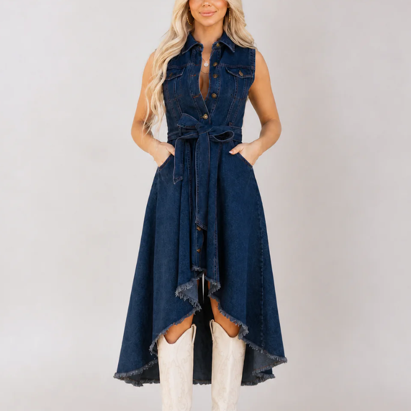 Women's navy-1 denim dress alternate angle — chic — Loretta Denim Dress — Oscar Blackwood