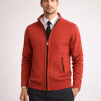 Men's red knit cardigan side view — cozy — Steward Zipper Cardigan — Oscar Blackwood
