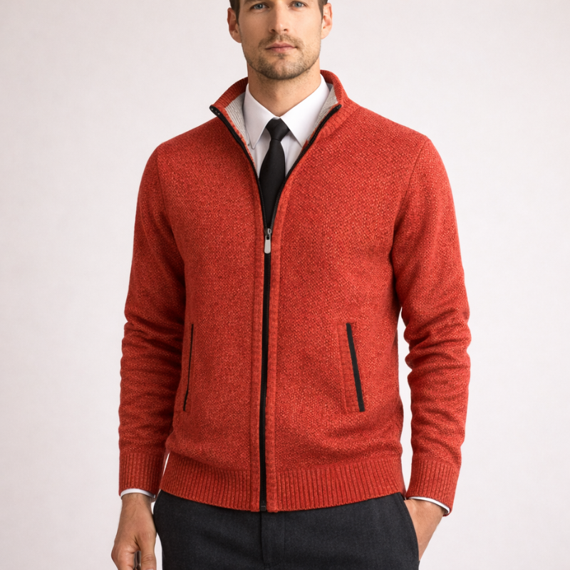 Men's red knit cardigan side view — cozy — Steward Zipper Cardigan — Oscar Blackwood