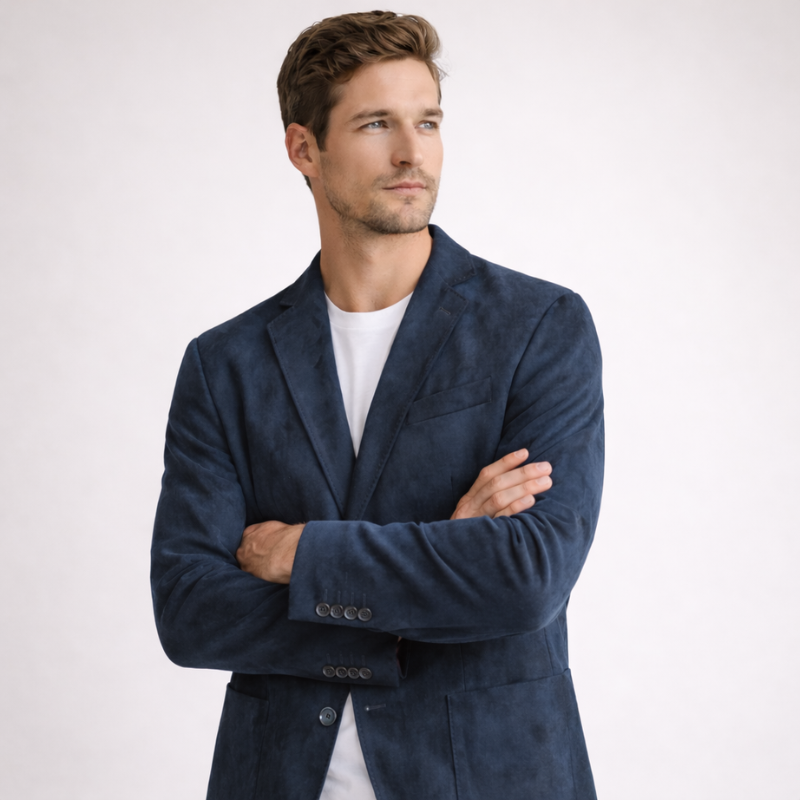 Men's suede jacket side view — outerwear — Ludvic Suede Blazer — Oscar Blackwood