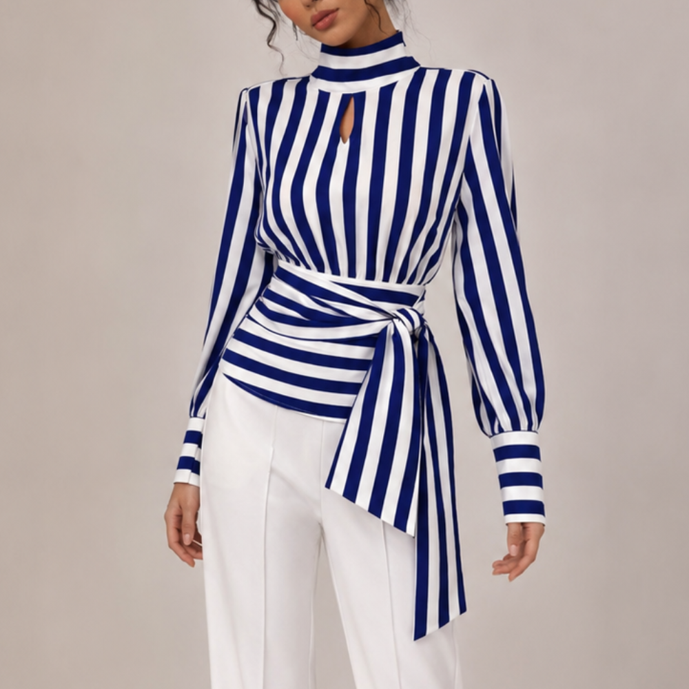Women's blue striped alessia back view — versatile — Alessia Striped Shirt — Oscar Blackwood