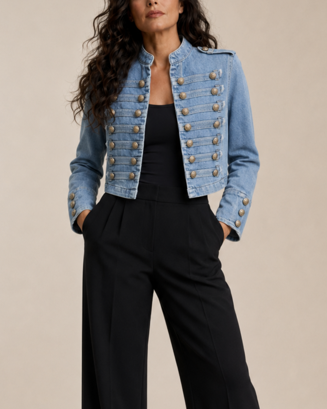 Women's denim jacket side view — outerwear — Alexandra Military Jacket — Oscar Blackwood