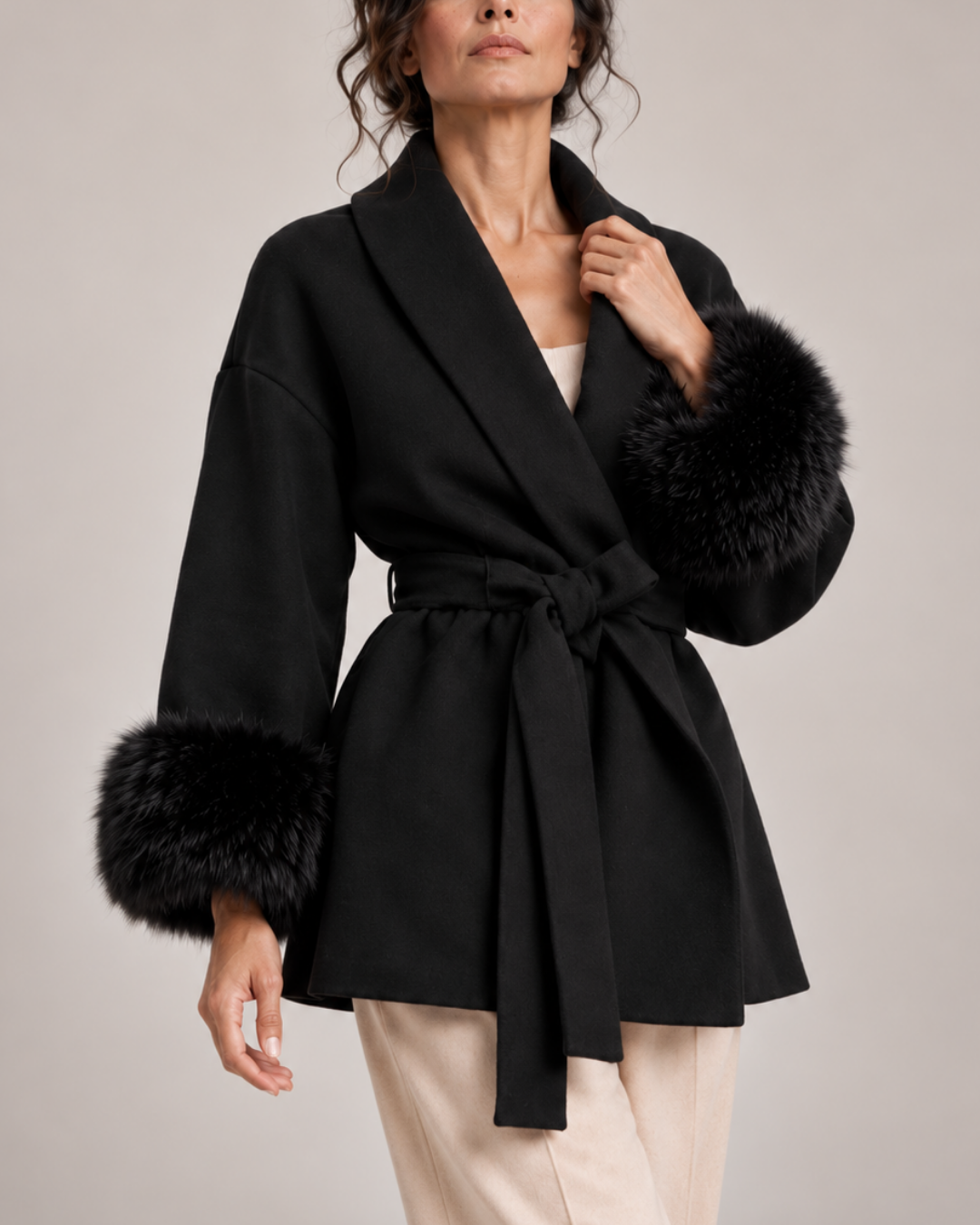 Women's jacket side view — outerwear — Fiorella Faux Fur Sleeve Coat — Oscar Blackwood