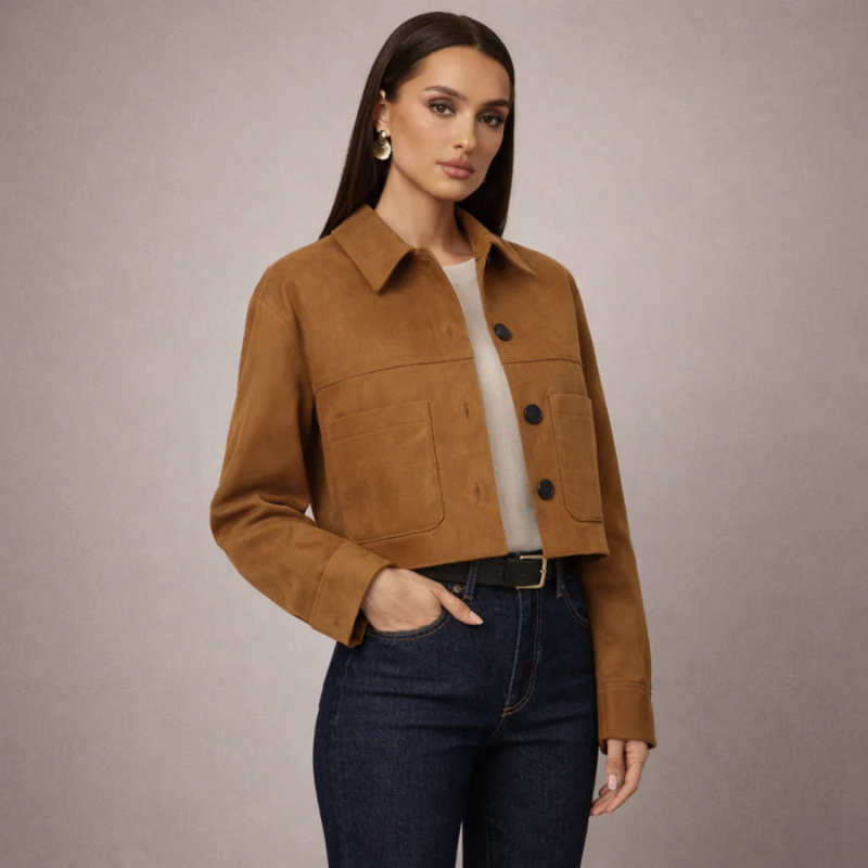 Women's suede jacket side view — outerwear — Marissa Suede Crop Jacket — Oscar Blackwood