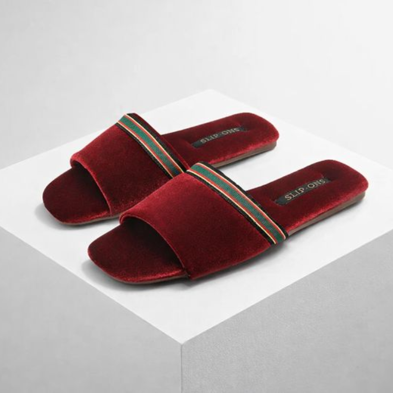 Women's red velvet shoes front view — versatile — Spin-ons Open Toe Slippers — Oscar Blackwood