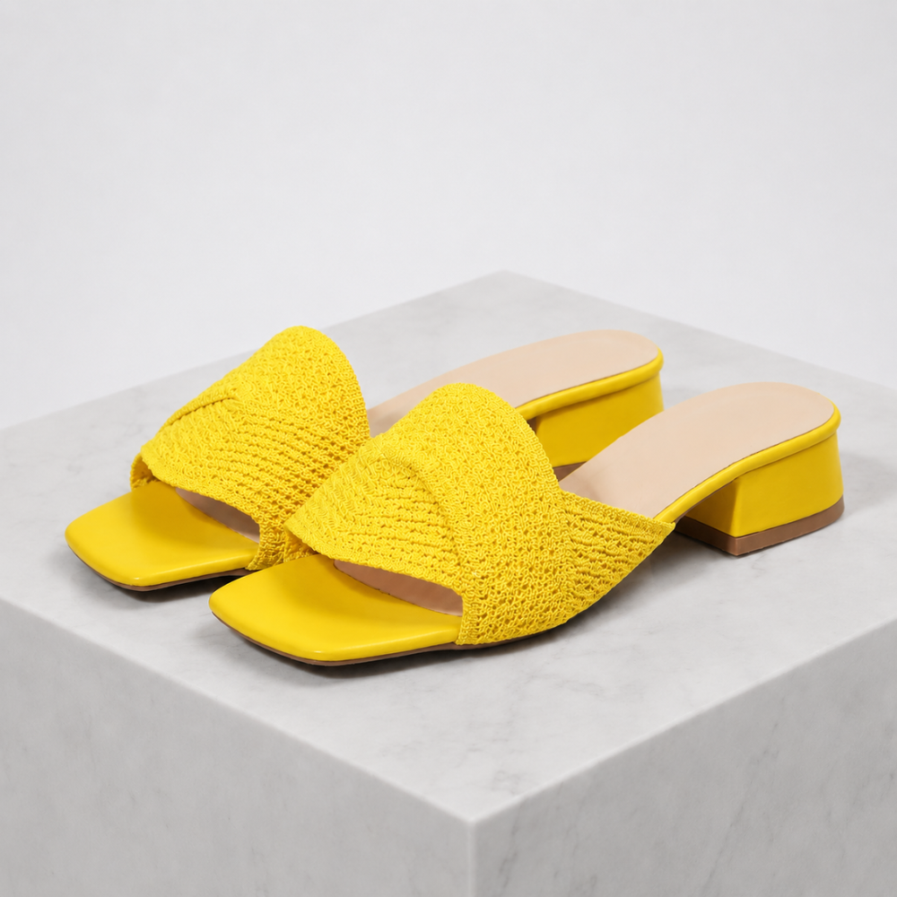 Women's yellow woven sandals detail view — summer — Iris Woven Slide Sandals — Oscar Blackwood