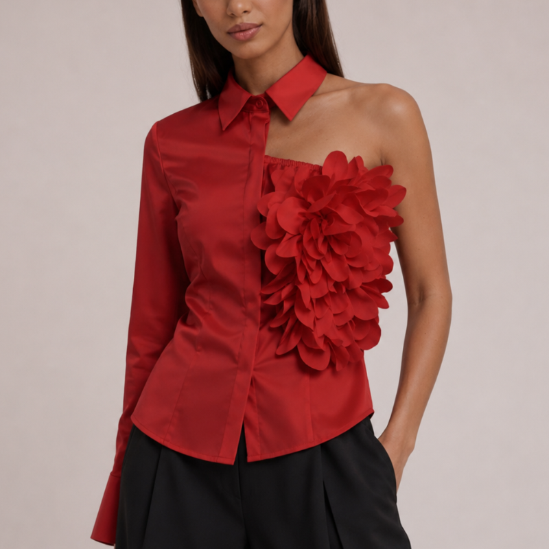 Women's red floral freesia color detail — versatile — Freesia One-Shoulder Shirt — Oscar Blackwood