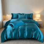 Unisex blue silk bedding side view — versatile — Bloom Silk Bedding Set — Oscar Blackwood