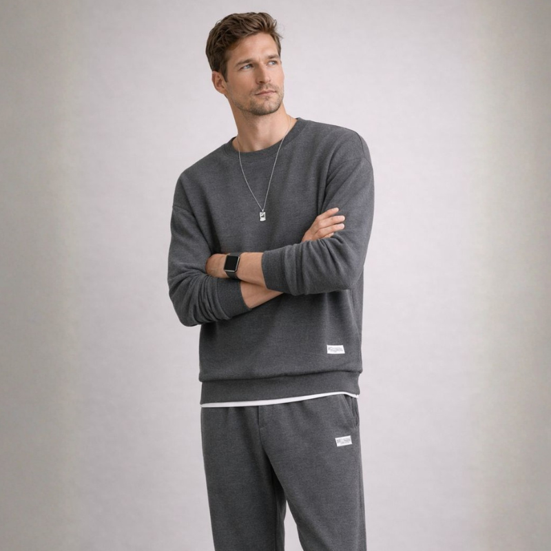 Men's gray cotton pants alternate angle — versatile — Eric Waffle 2 Piece Set — Oscar Blackwood