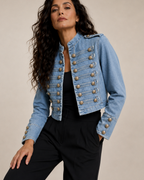 Women's denim jacket close-up — outerwear — Alexandra Military Jacket — Oscar Blackwood