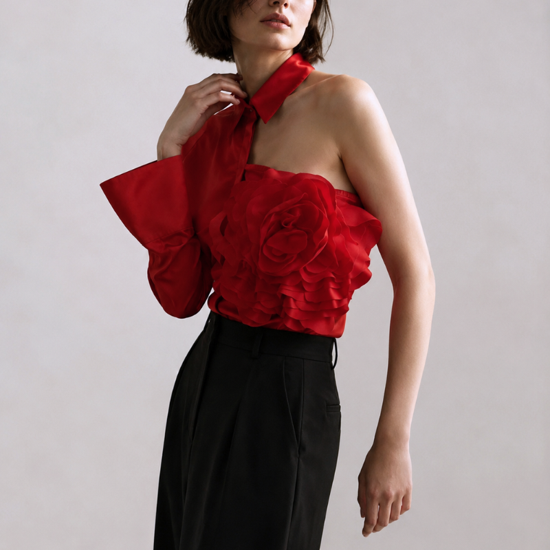Women's floral freesia styled look — versatile — Freesia One-Shoulder Shirt — Oscar Blackwood
