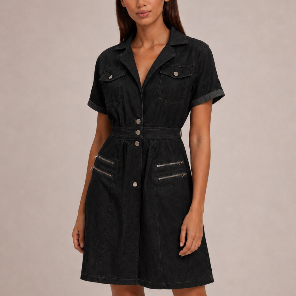 Women's black denim dress close-up — chic — Nina Denim Midi Dress — Oscar Blackwood