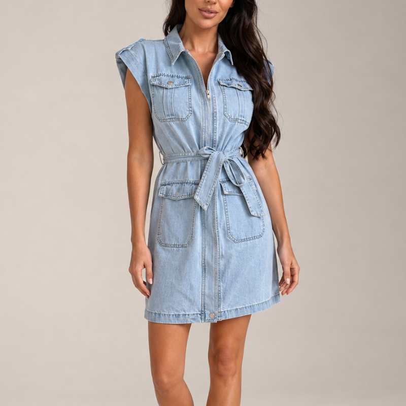 Women's blue denim dress close-up — summer — Aspen Denim Shirt Dress — Oscar Blackwood