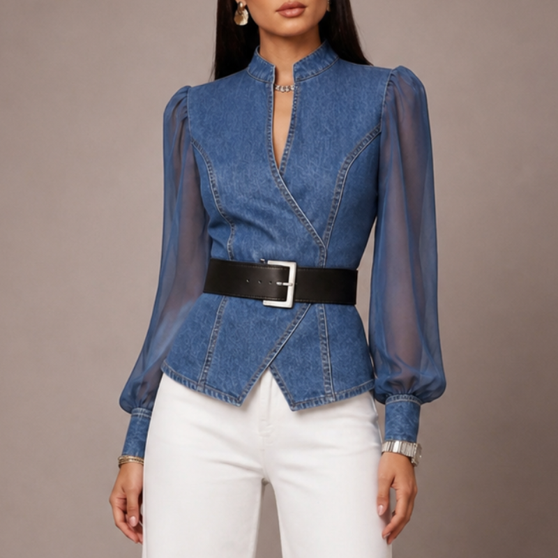 Women's blue denim dea front view — versatile — Dea Medina Summer Top — Oscar Blackwood