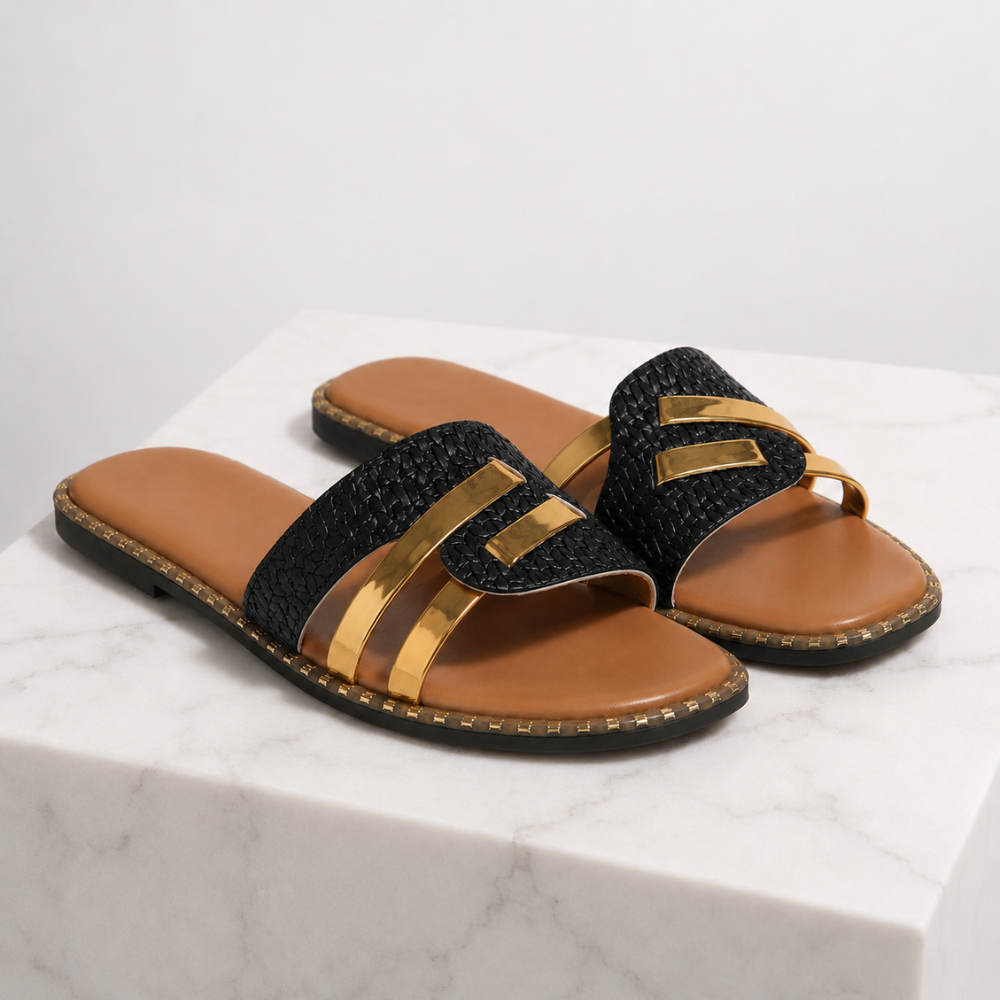 Women's black woven sandals back view — summer — Eleni Slide Sandals — Oscar Blackwood