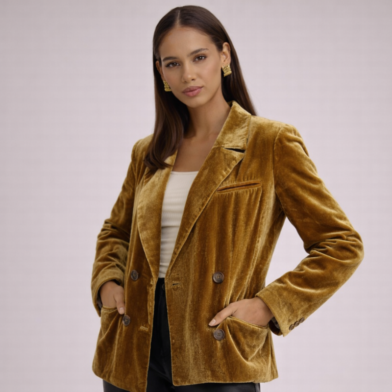 Women's yellow velvet jacket front view — outerwear — Rony Velvet Jacket — Oscar Blackwood