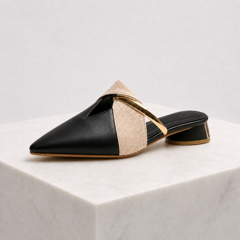 Women's black leather sandals color detail — versatile — Evelyn Pointed Toe Mules — Oscar Blackwood