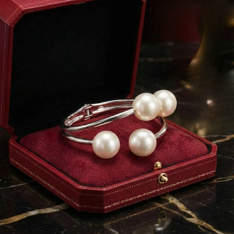 Women's silver lace jewelry back view — versatile — Aura Double Pearl Bangle — Oscar Blackwood