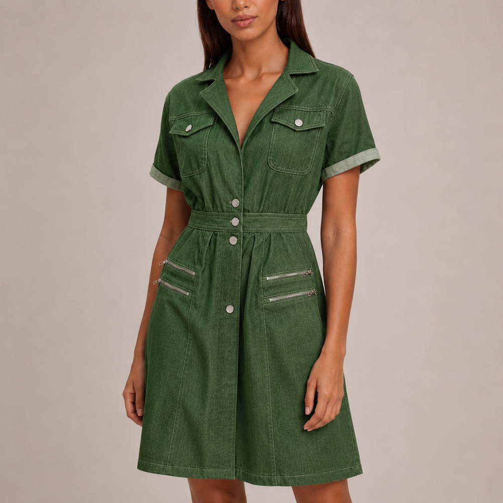 Women's green denim dress color detail — chic — Nina Denim Midi Dress — Oscar Blackwood