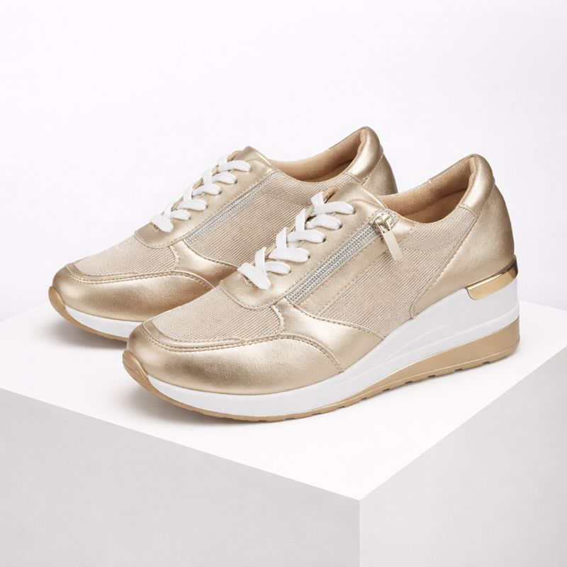 Women's gold lace sneakers side view — casual — Bailey Wedge Heel Sneakers — Oscar Blackwood