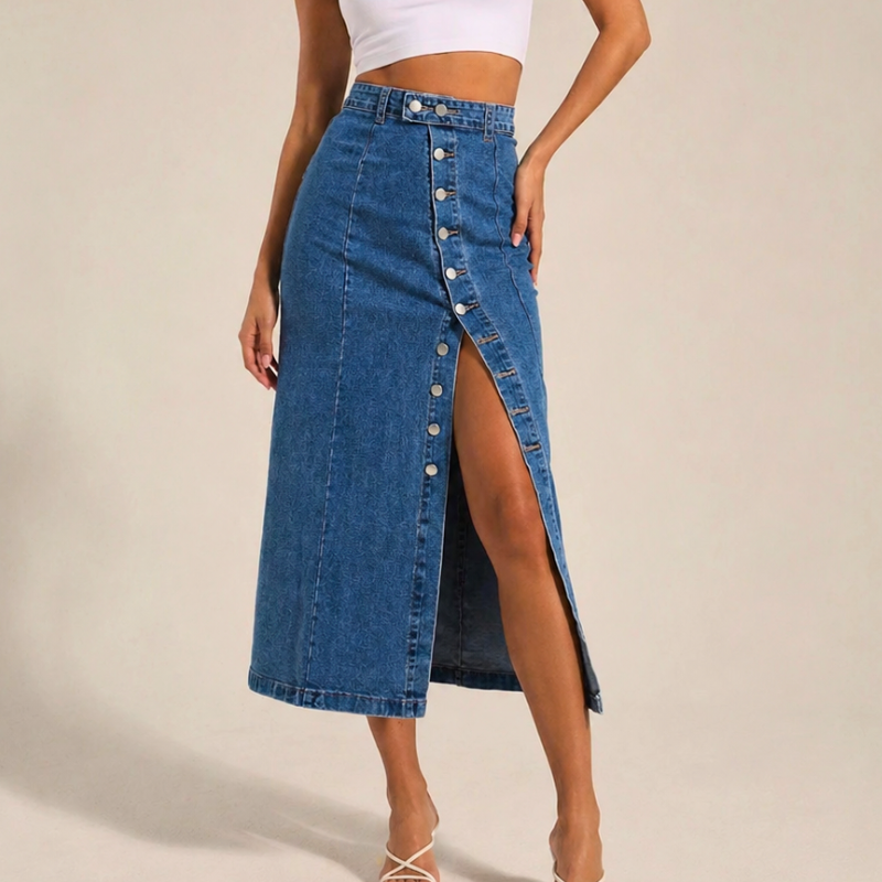 Women's blue denim skirt front view — chic — Dea Bella Denim Skirt — Oscar Blackwood