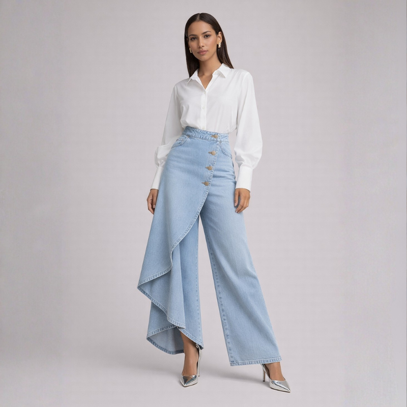Women's sky-blue lace skirt color detail — chic — Becca Denim Skirt Pants — Oscar Blackwood