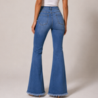 Women's red floral jeans detail view — casual — Flora Embroidered Flare Jeans — Oscar Blackwood