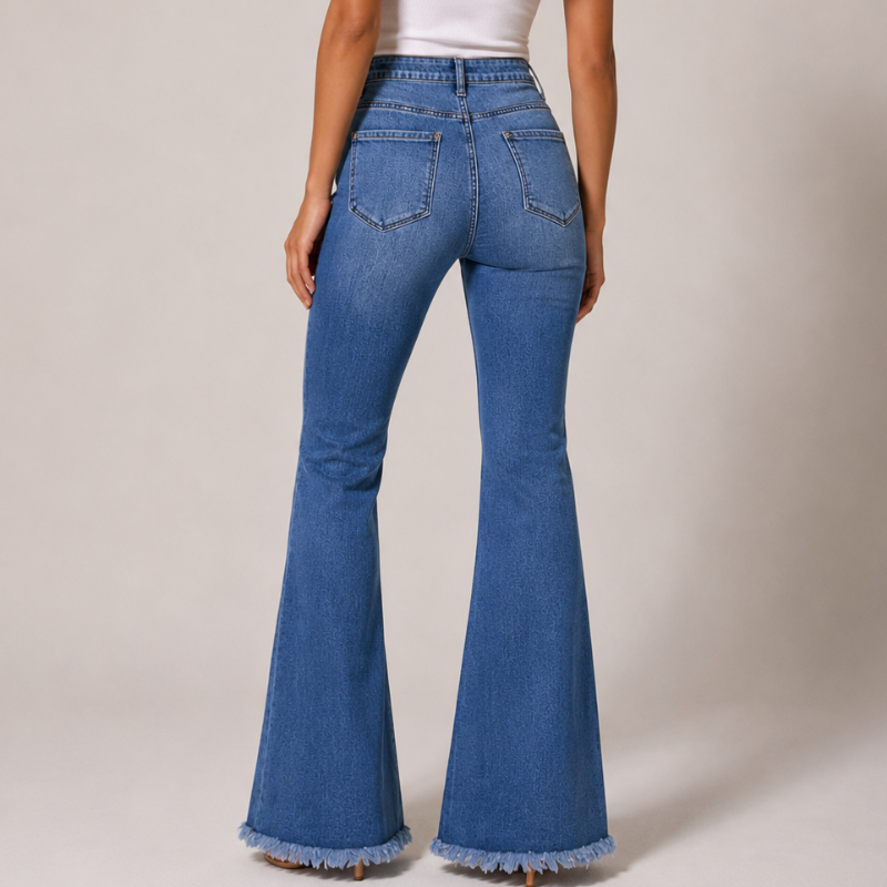 Women's red floral jeans detail view — casual — Flora Embroidered Flare Jeans — Oscar Blackwood